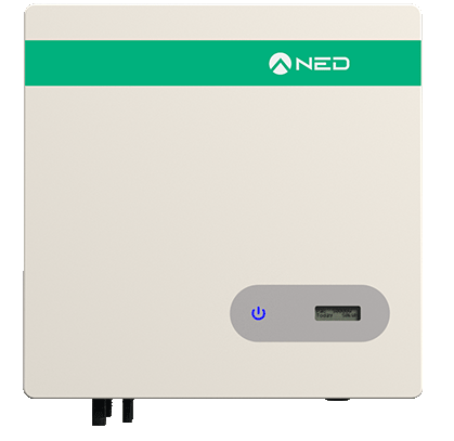Prodotto NED monofase, macchina colore bianco-beige con riga verde in alto con logo NED in bianco
